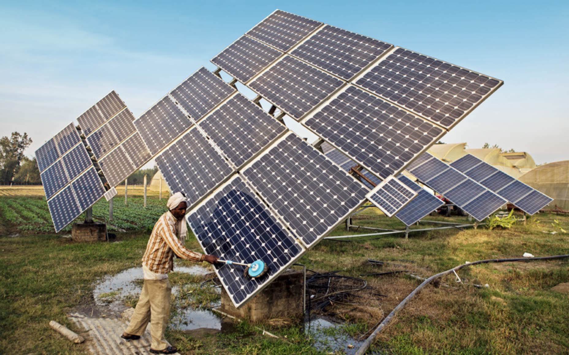 A farm worker in India cleans solar panels