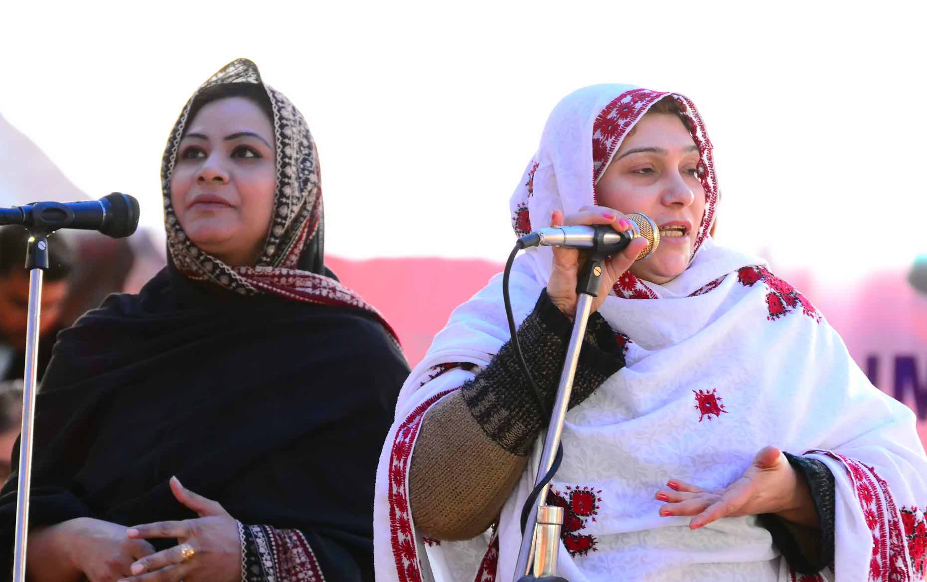 Two women presenting at microphones